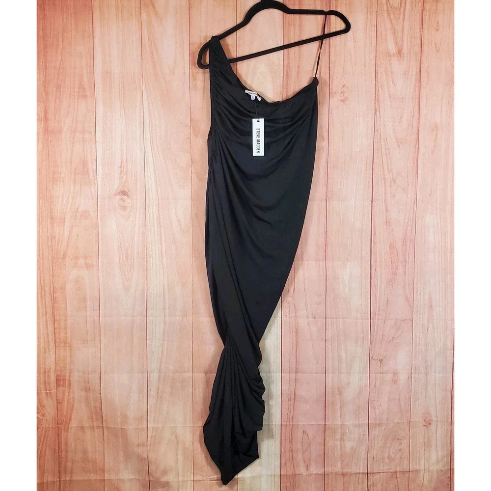 Steve Madden Ayana Womens Bodycon Dress Large Black Stretch One-Shoulder Ruched